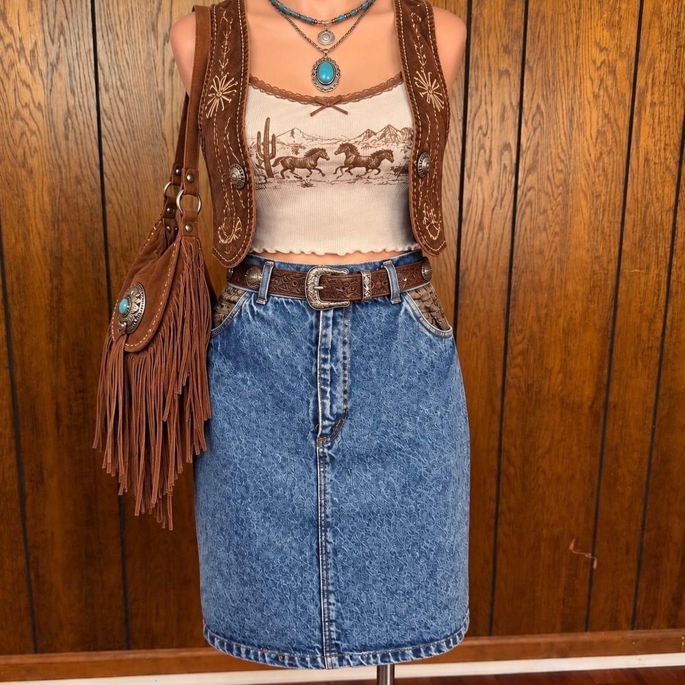 Blue Vintage Western Denim Skirt Prezzia Womens 13 Leather Trim Boho Americana